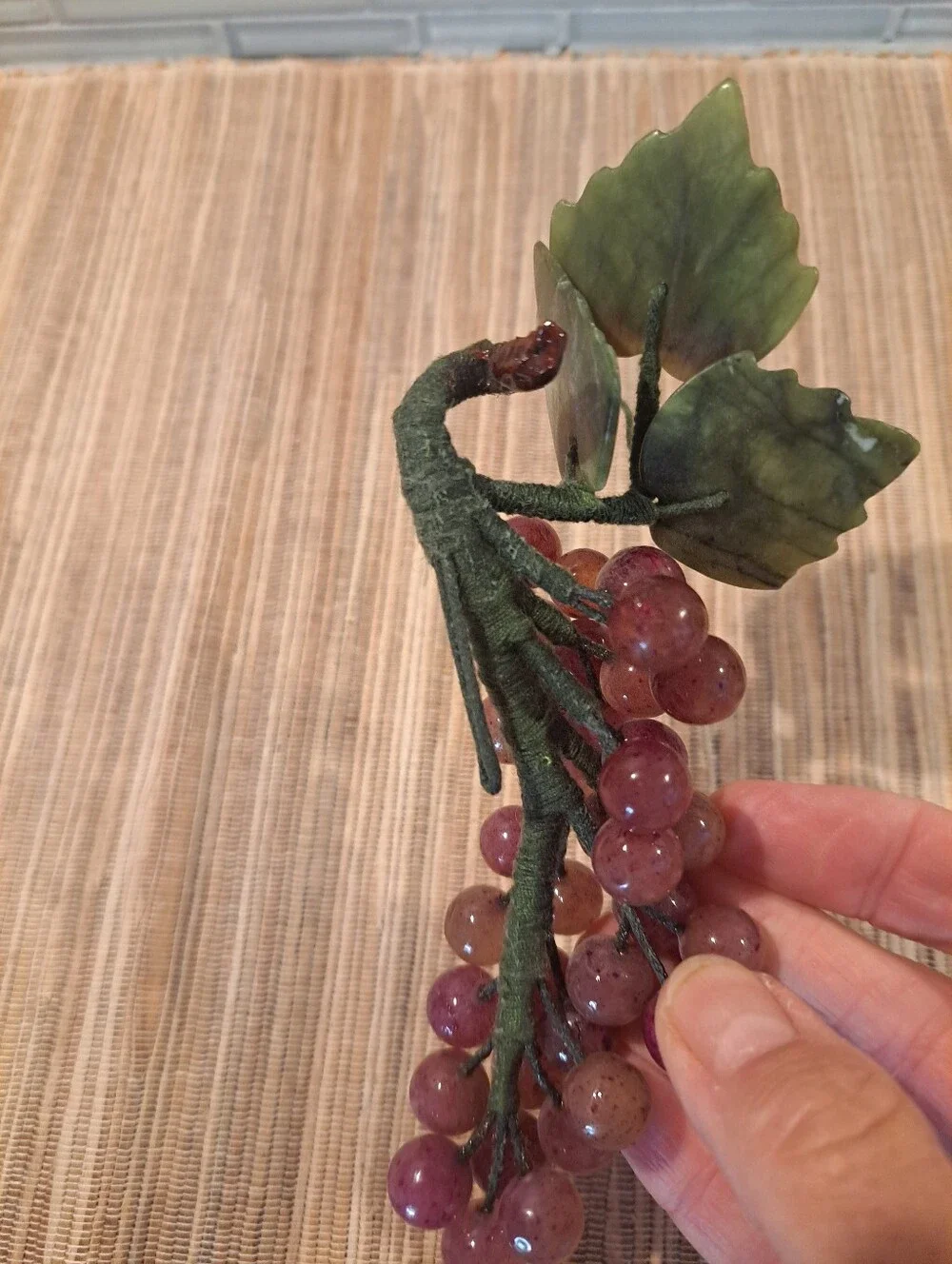 Vtg Jade and Rose Quartz Carved Grapes Bunch